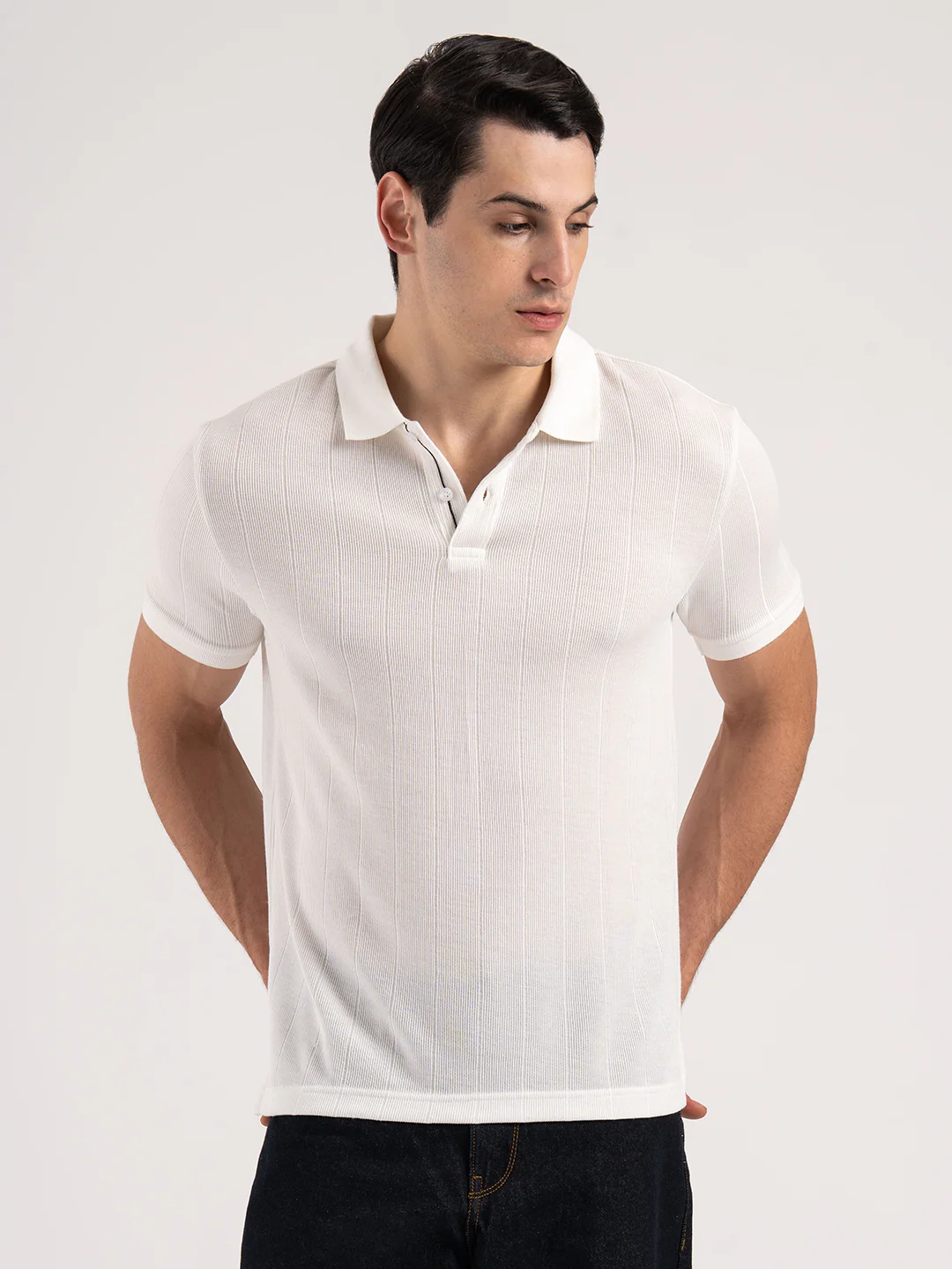 Men White Structure Pattern Polyester Rayon Polo Collar Regular Fit T-Shirt - Image 8