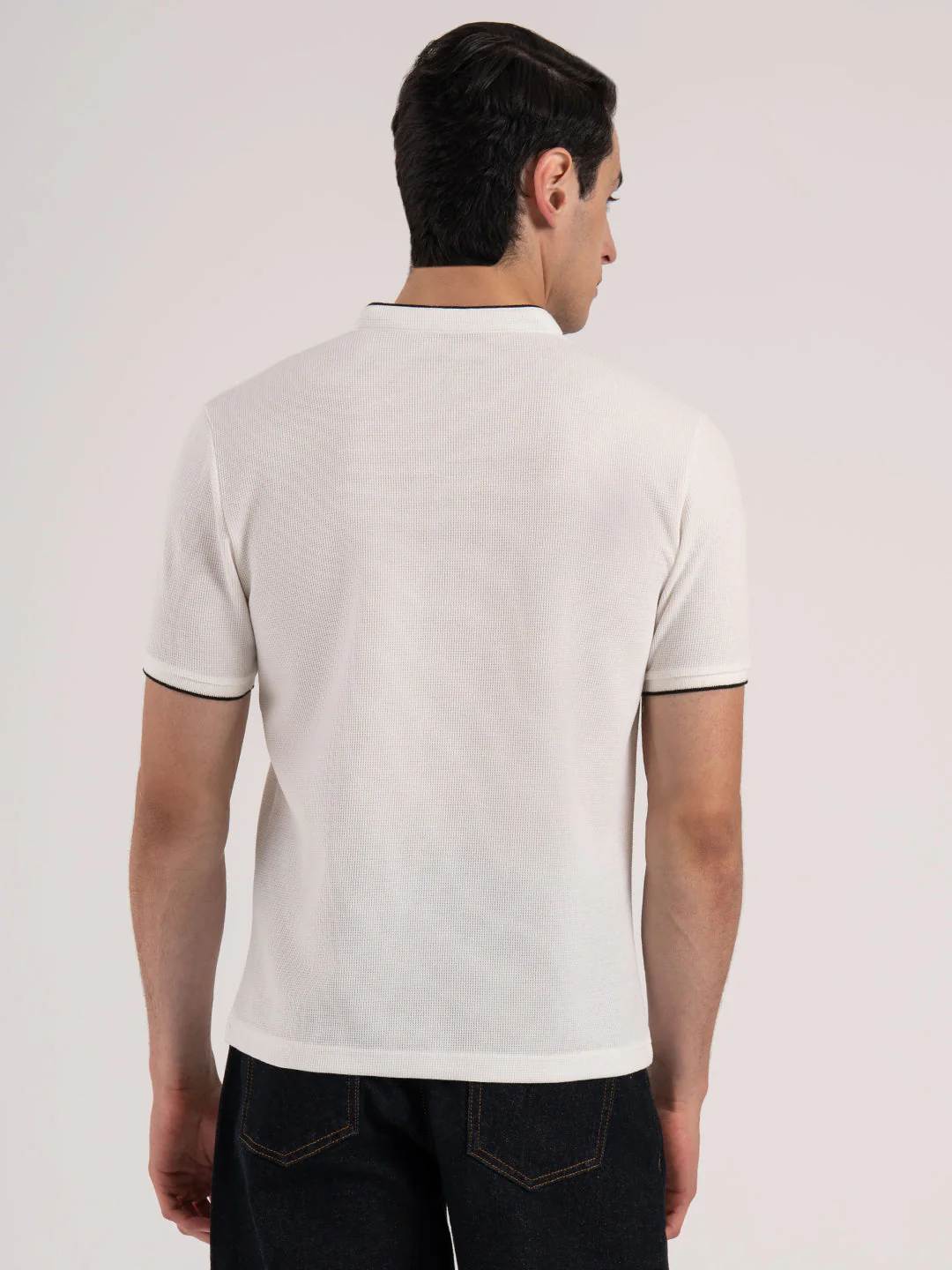 Men White Waffle Henley Pattern Poly Cotton Spandex Regular Fit T-Shirt - Image 3