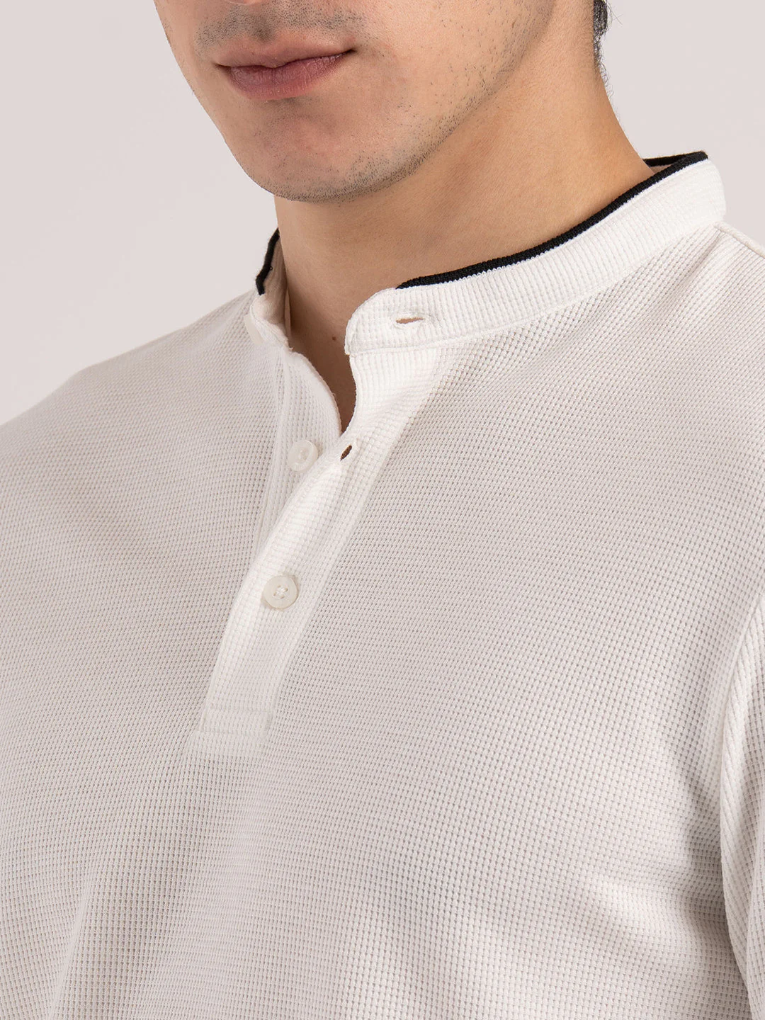 Men White Waffle Henley Pattern Poly Cotton Spandex Regular Fit T-Shirt - Image 4