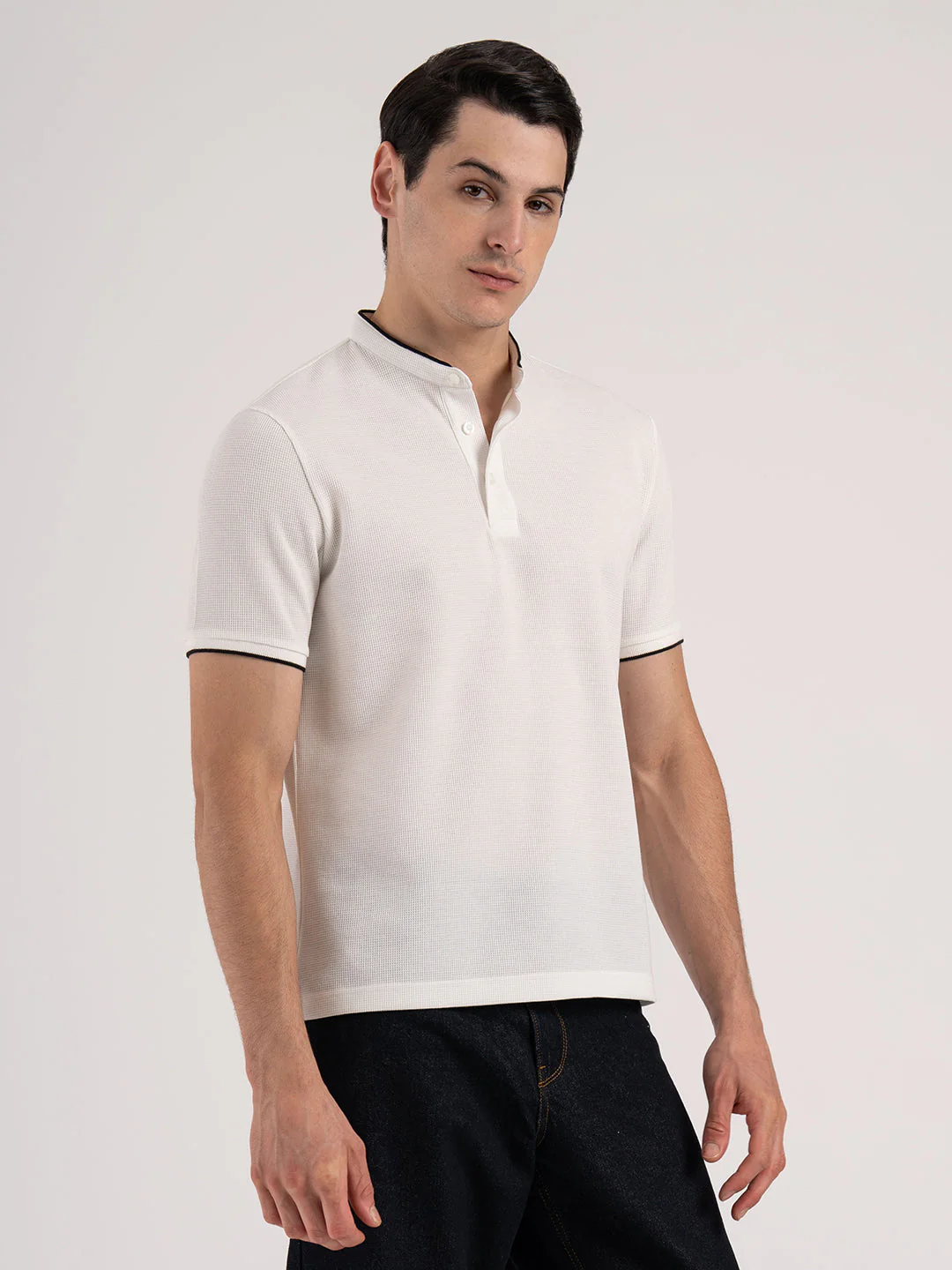 Men White Waffle Henley Pattern Poly Cotton Spandex Regular Fit T-Shirt - Image 6