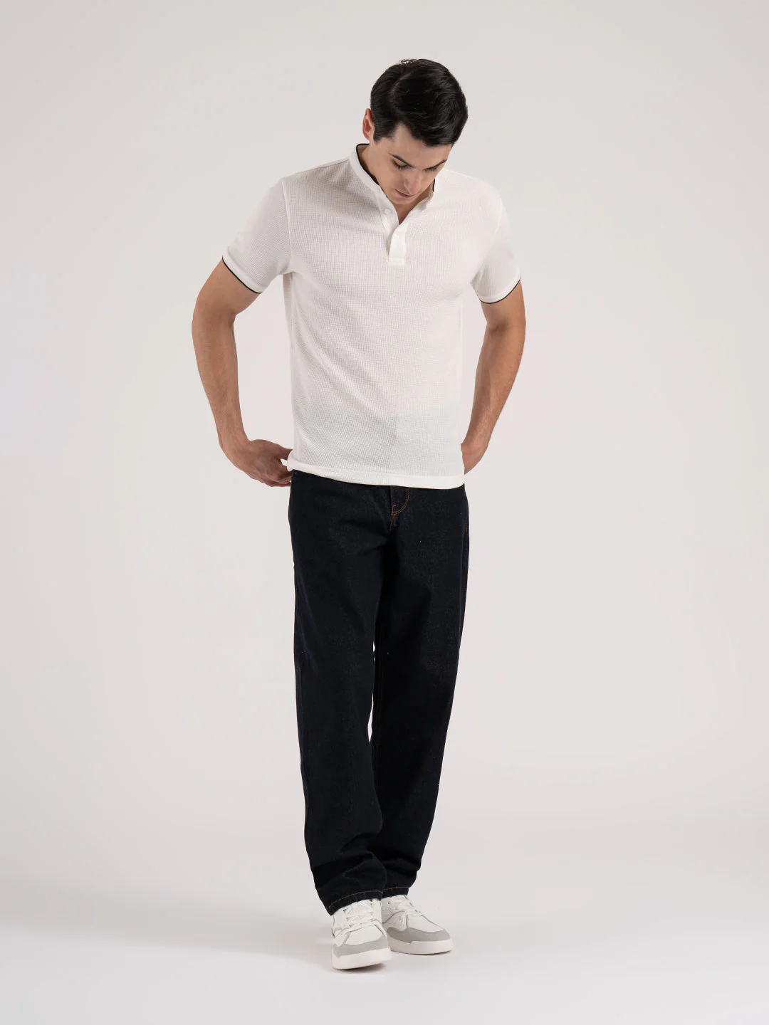 Men White Waffle Henley Pattern Poly Cotton Spandex Regular Fit T-Shirt - Image 7
