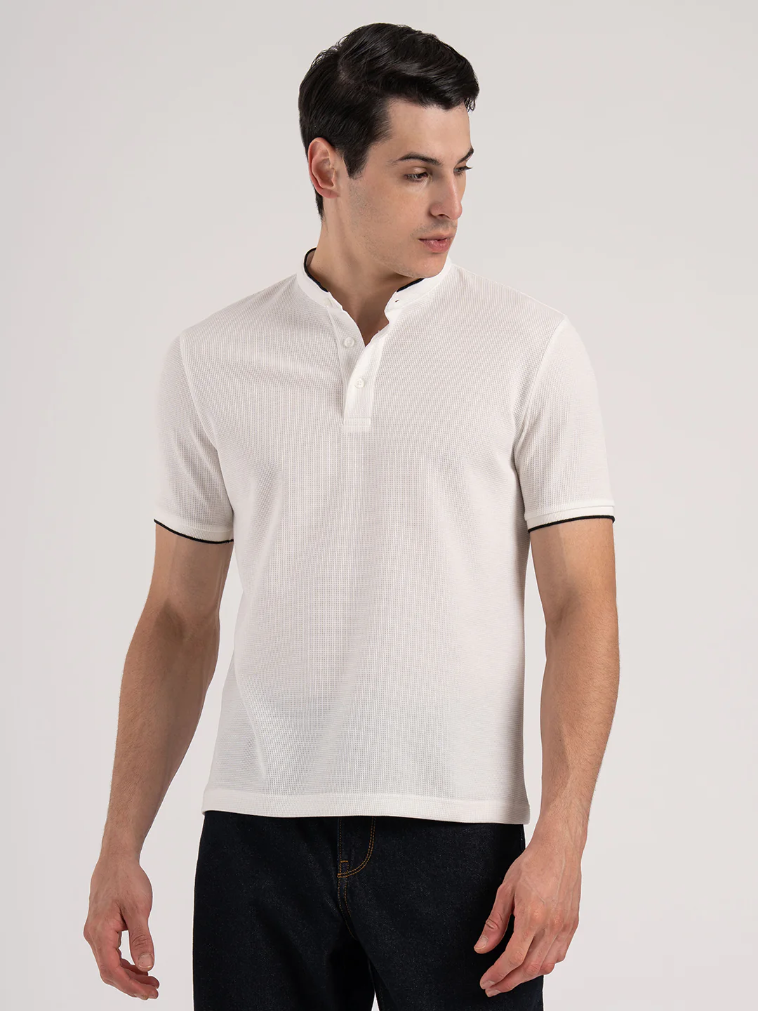 Men White Waffle Henley Pattern Poly Cotton Spandex Regular Fit T-Shirt - Image 8