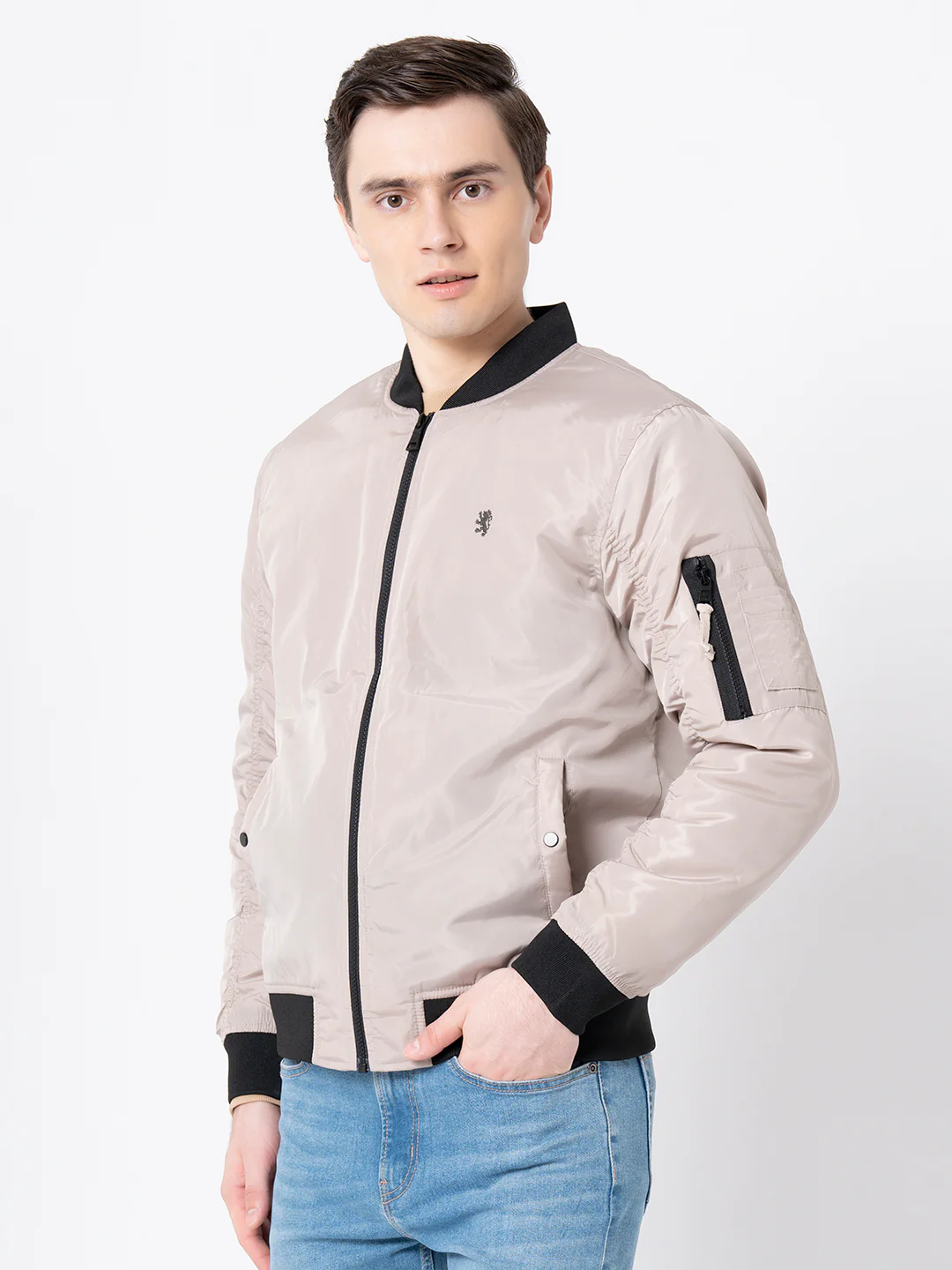 Men's Beige Solid Jacket - Image 2