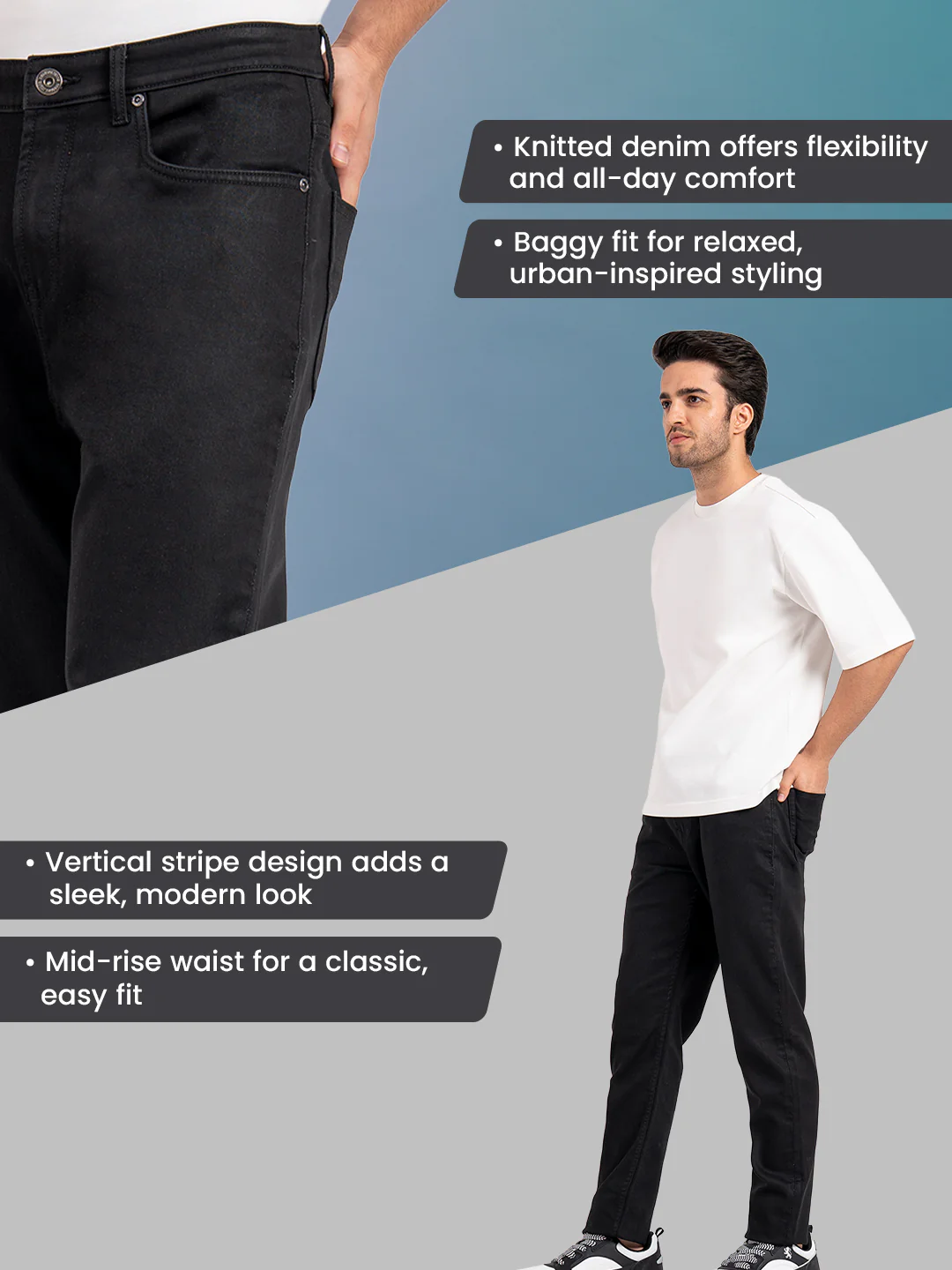 Men's Black Mid Rise Baggy Fit Jeans - Image 2