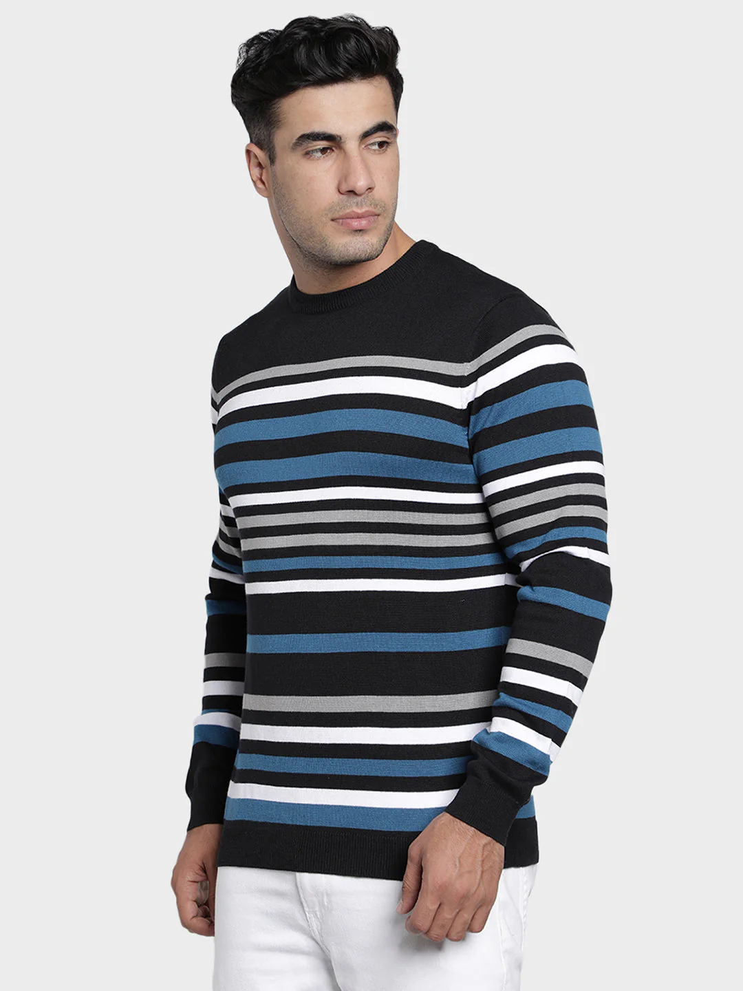 Men's Black Striped Acrylic Cotton Sweater - Image 2