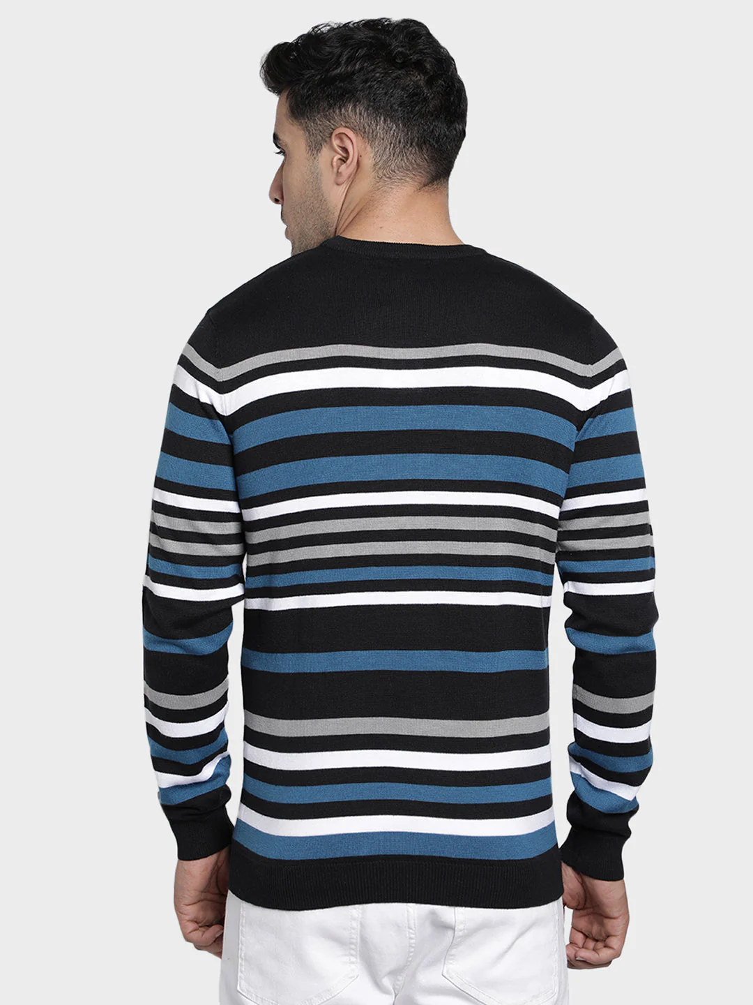 Men's Black Striped Acrylic Cotton Sweater - Image 3