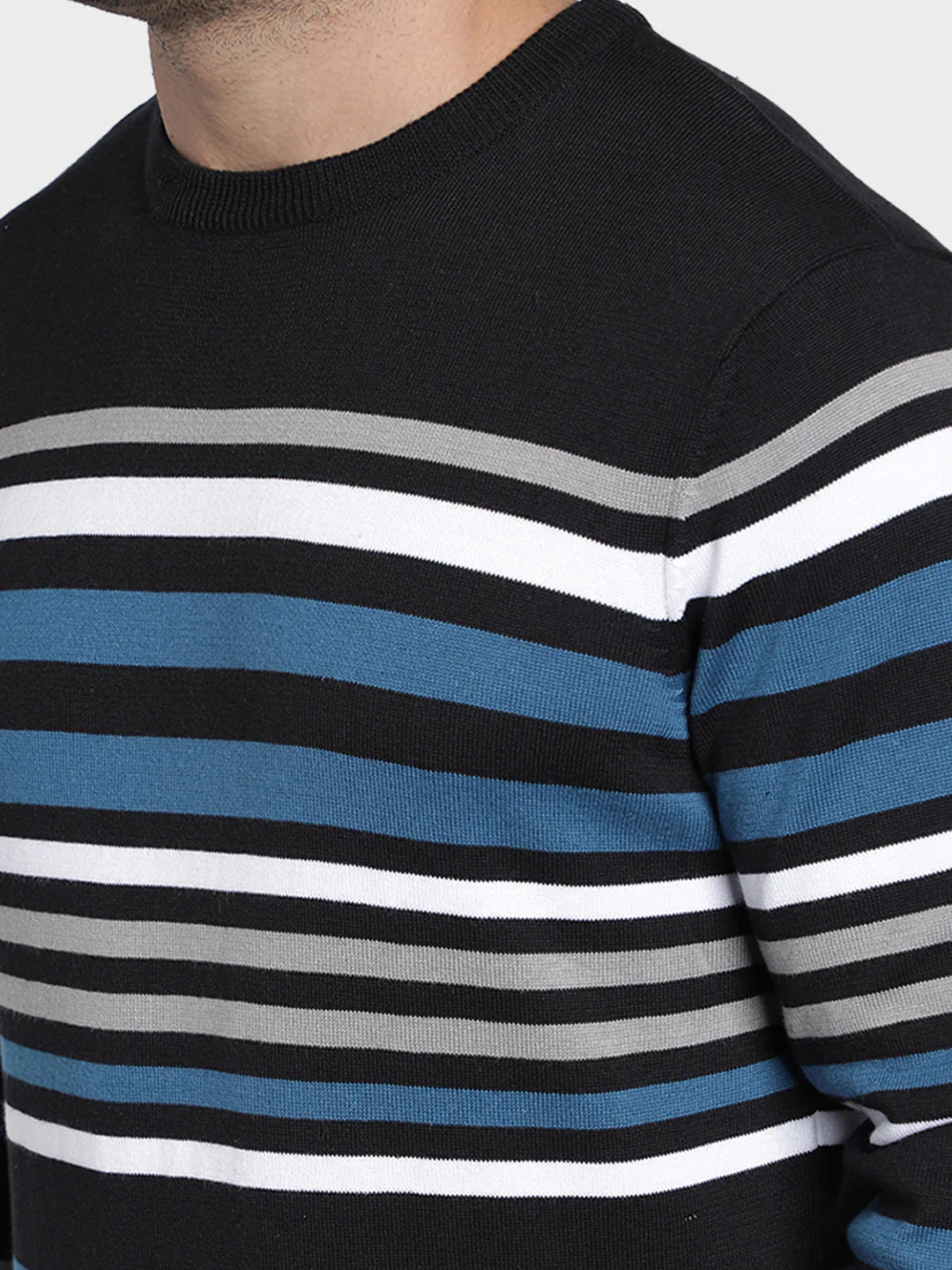Men's Black Striped Acrylic Cotton Sweater - Image 4