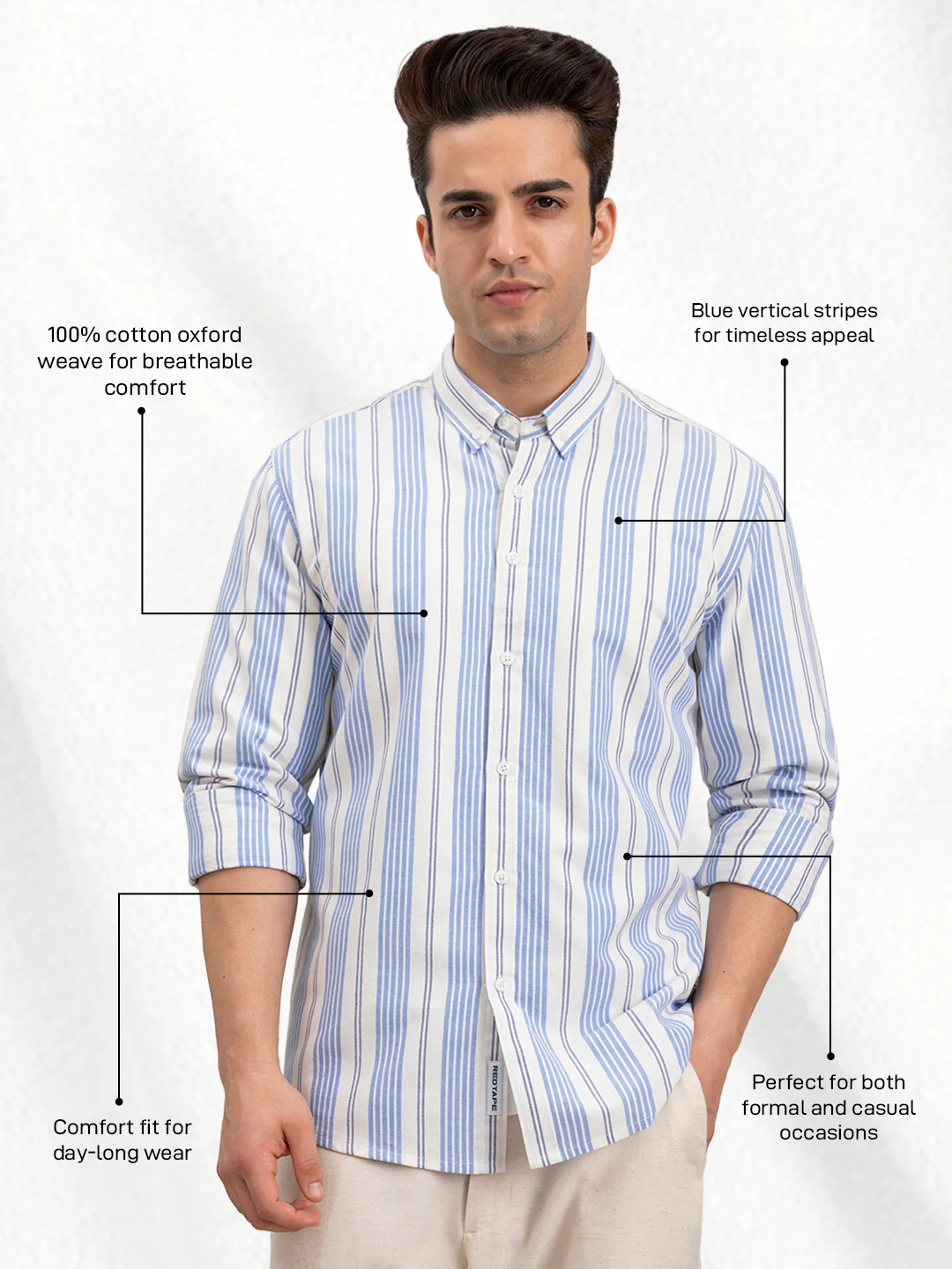 Menâ€™s Blue Oxford Striped Shirt | Timeless Cotton Comfort - Image 2