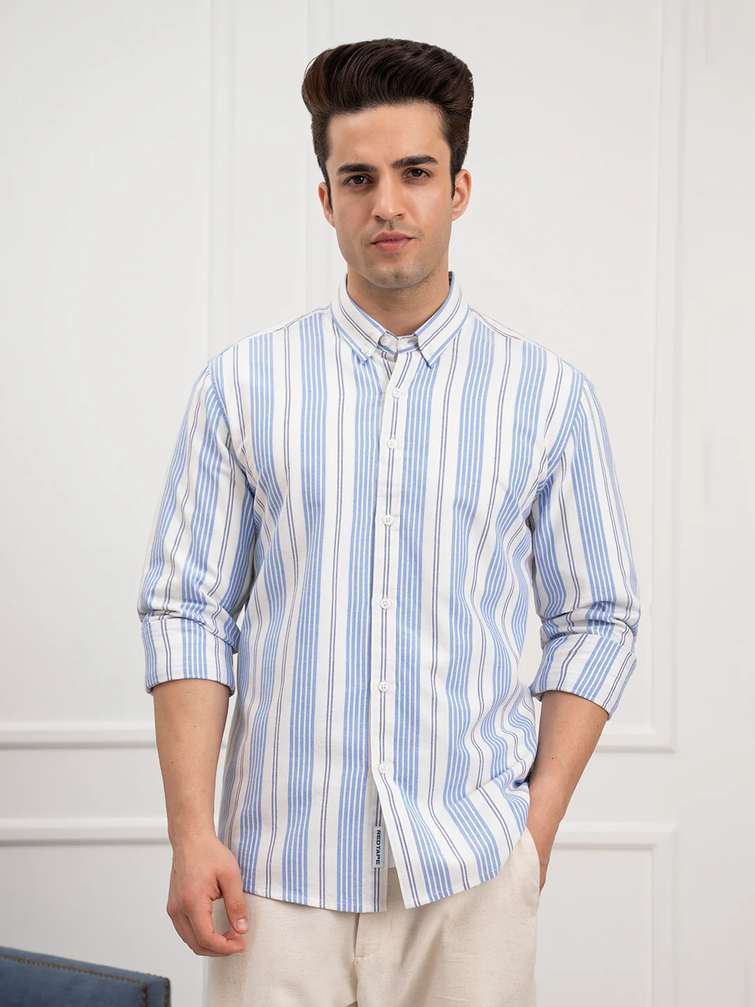 Menâ€™s Blue Oxford Striped Shirt | Timeless Cotton Comfort - Image 3
