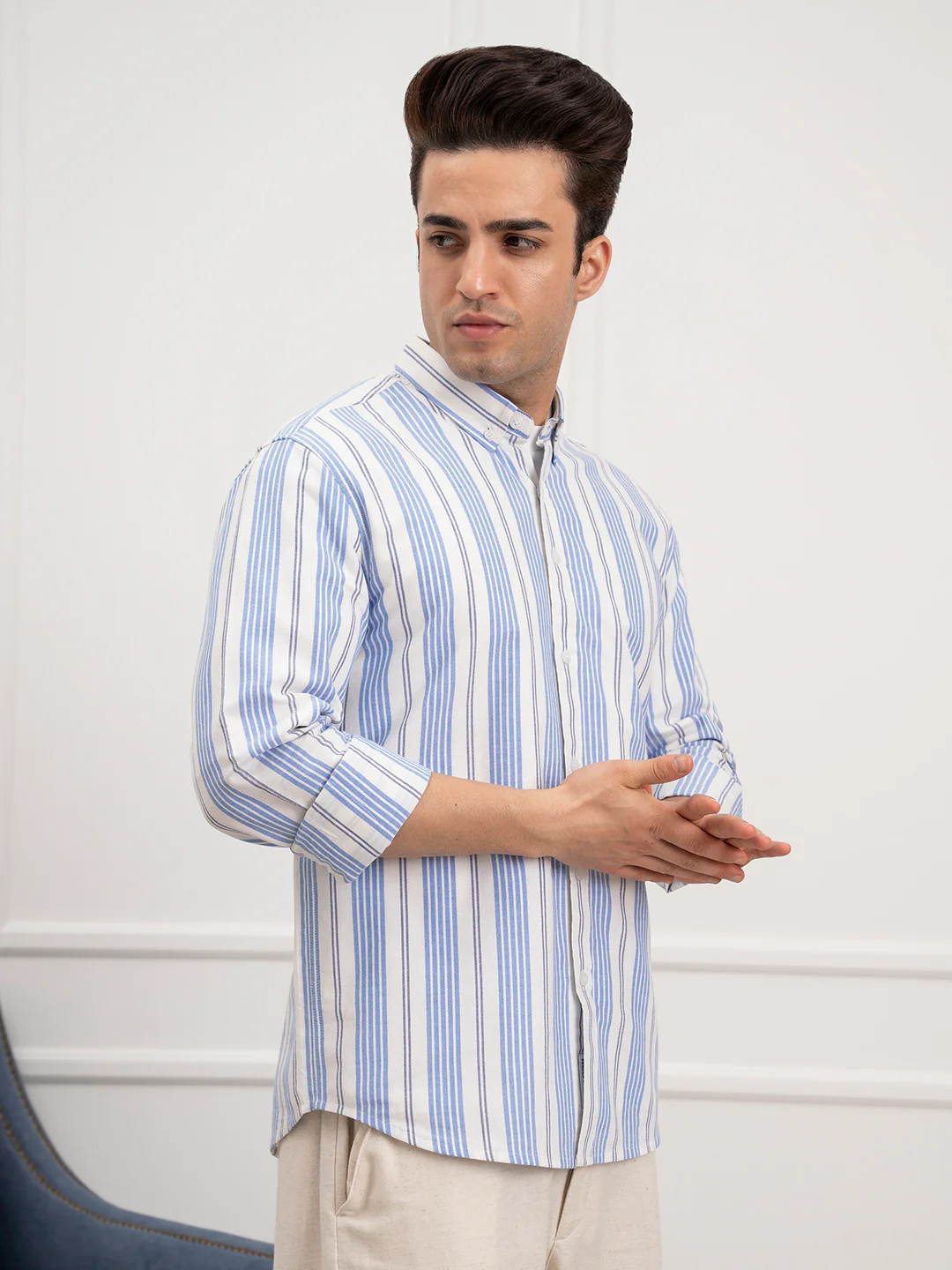 Menâ€™s Blue Oxford Striped Shirt | Timeless Cotton Comfort - Image 4