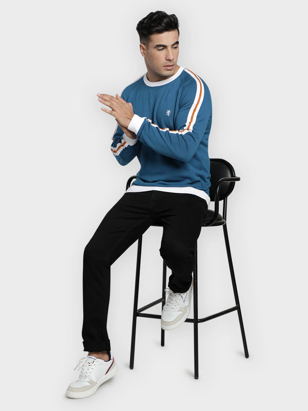 Men's Blue Solid Pure Cotton Sweater - Image 3