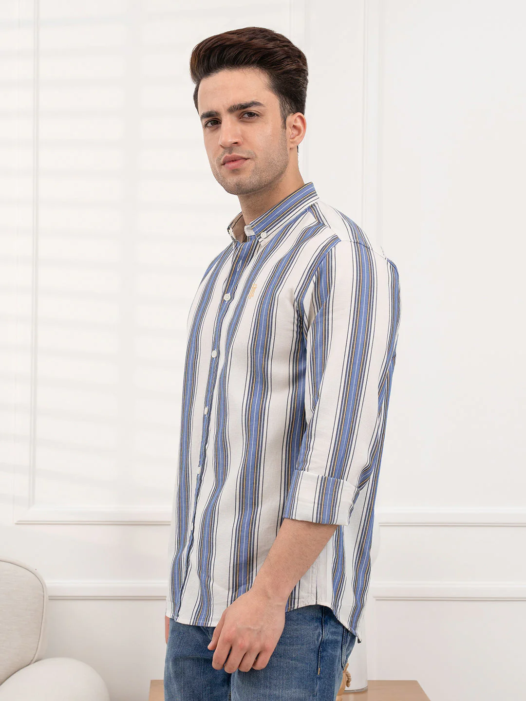 Men's Blue-Striped Dobby Shirt | Casual Comfort Wear - Image 3