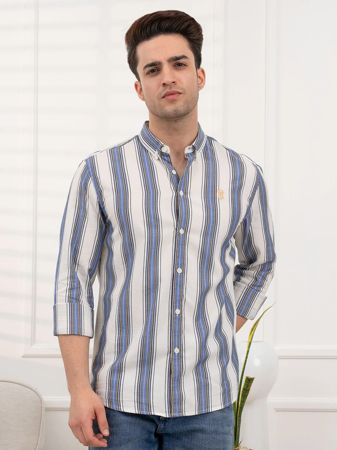 Men's Blue-Striped Dobby Shirt | Casual Comfort Wear - Image 6