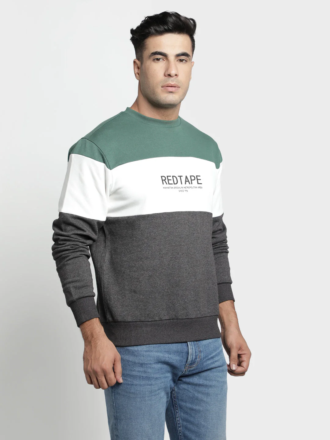 Men's Dark Grey Melange Color Block Graphic Print Cotton Poly Fleece Sweatshirt - Image 2
