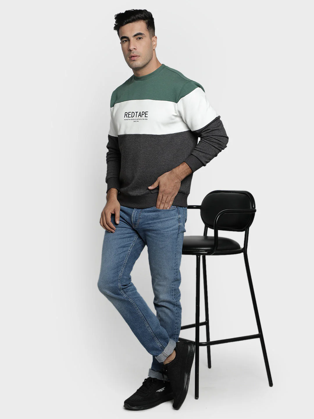 Men's Dark Grey Melange Color Block Graphic Print Cotton Poly Fleece Sweatshirt - Image 3