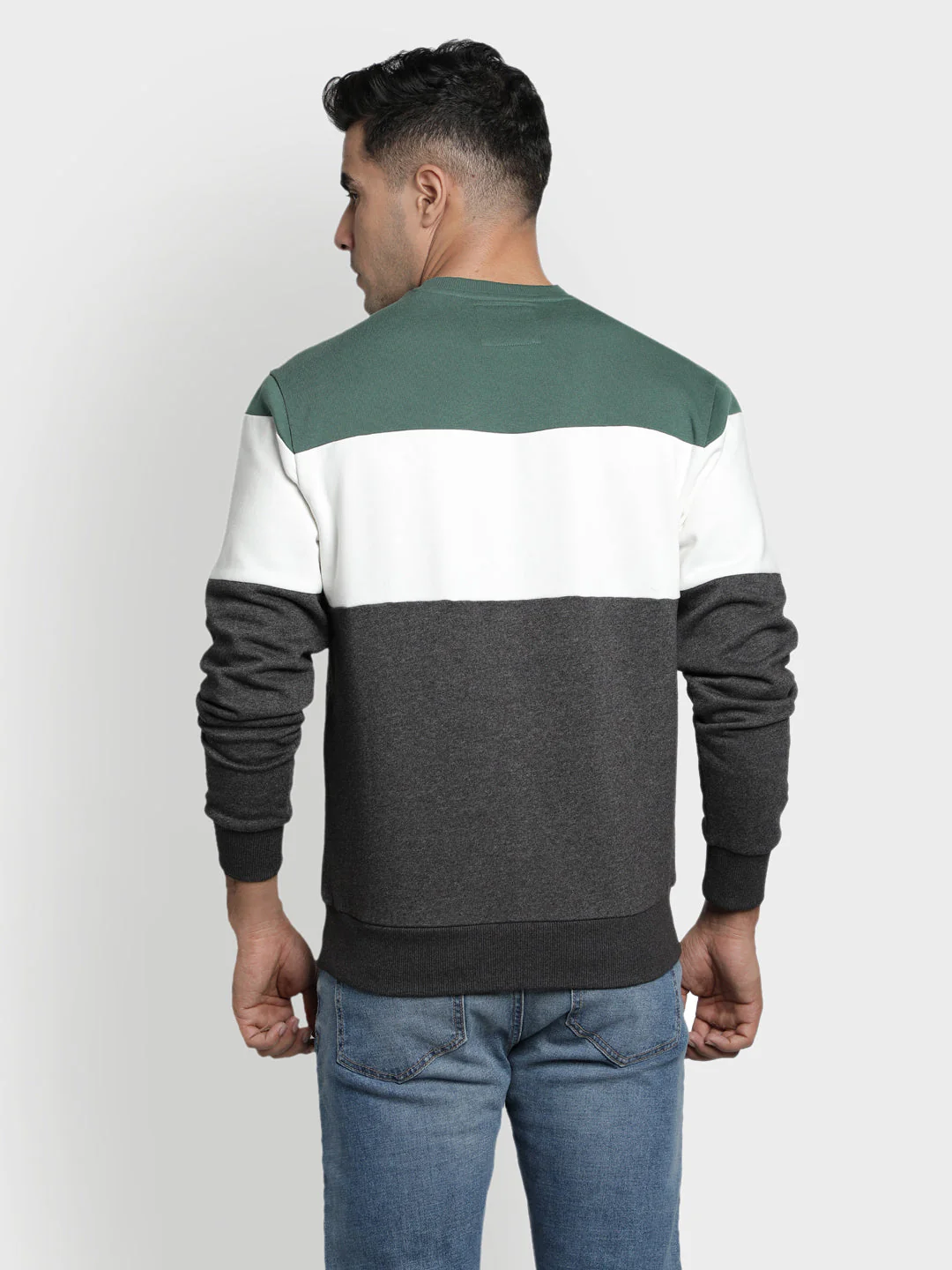 Men's Dark Grey Melange Color Block Graphic Print Cotton Poly Fleece Sweatshirt - Image 5
