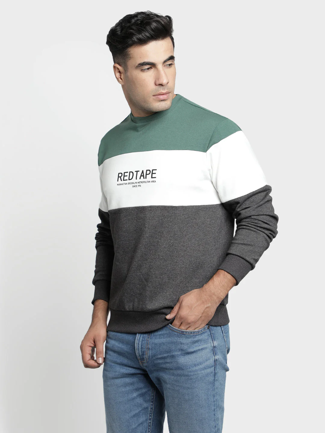 Men's Dark Grey Melange Color Block Graphic Print Cotton Poly Fleece Sweatshirt - Image 6