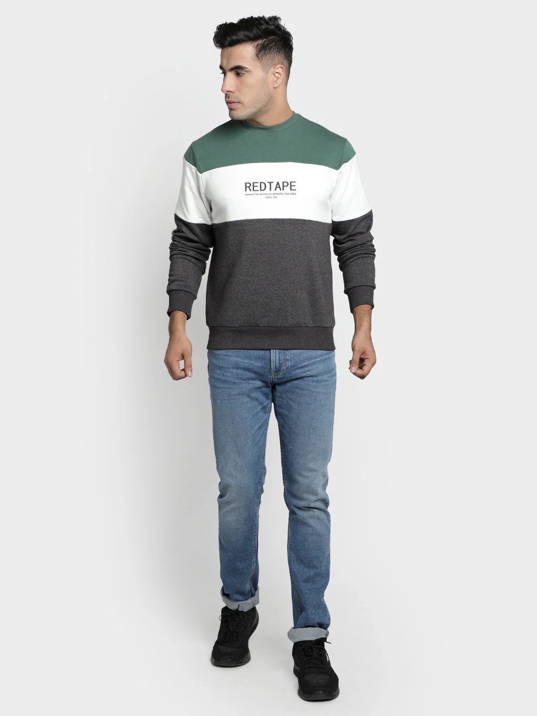 Men's Dark Grey Melange Color Block Graphic Print Cotton Poly Fleece Sweatshirt - Image 7