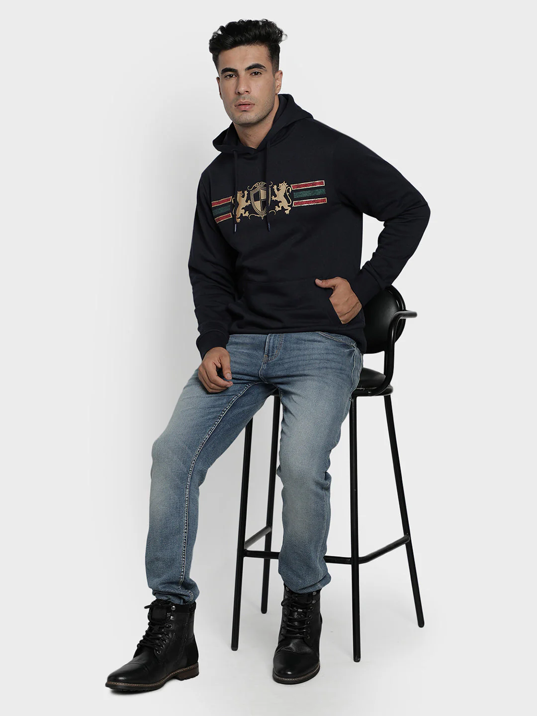 Men's Dark Navy Chest Cotton Polyester Hoodie - Image 7