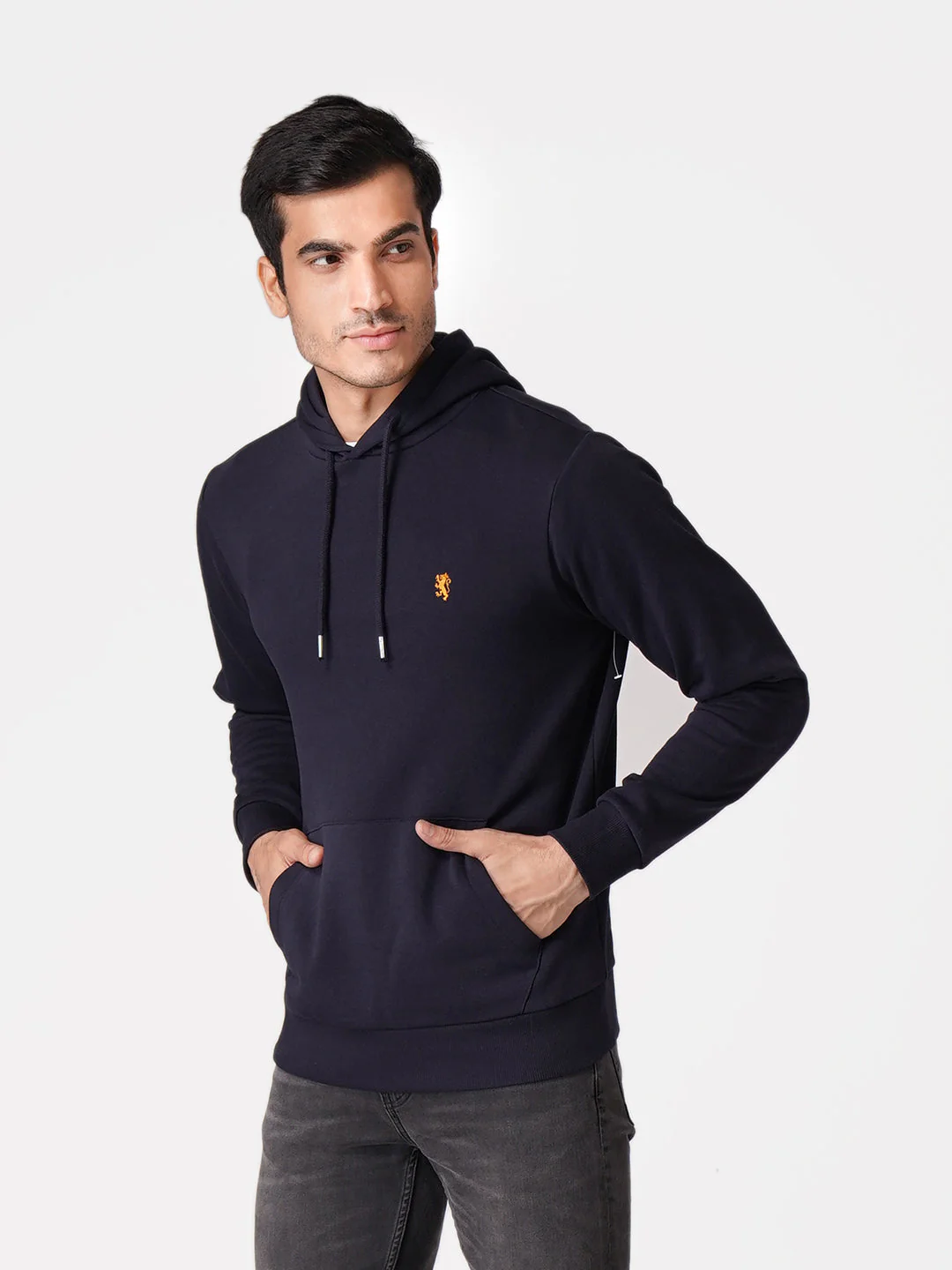 Men's Dark Navy Solid Cotton Polyester Hoodie - Image 2