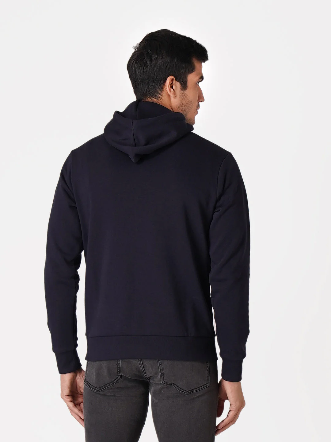 Men's Dark Navy Solid Cotton Polyester Hoodie - Image 3