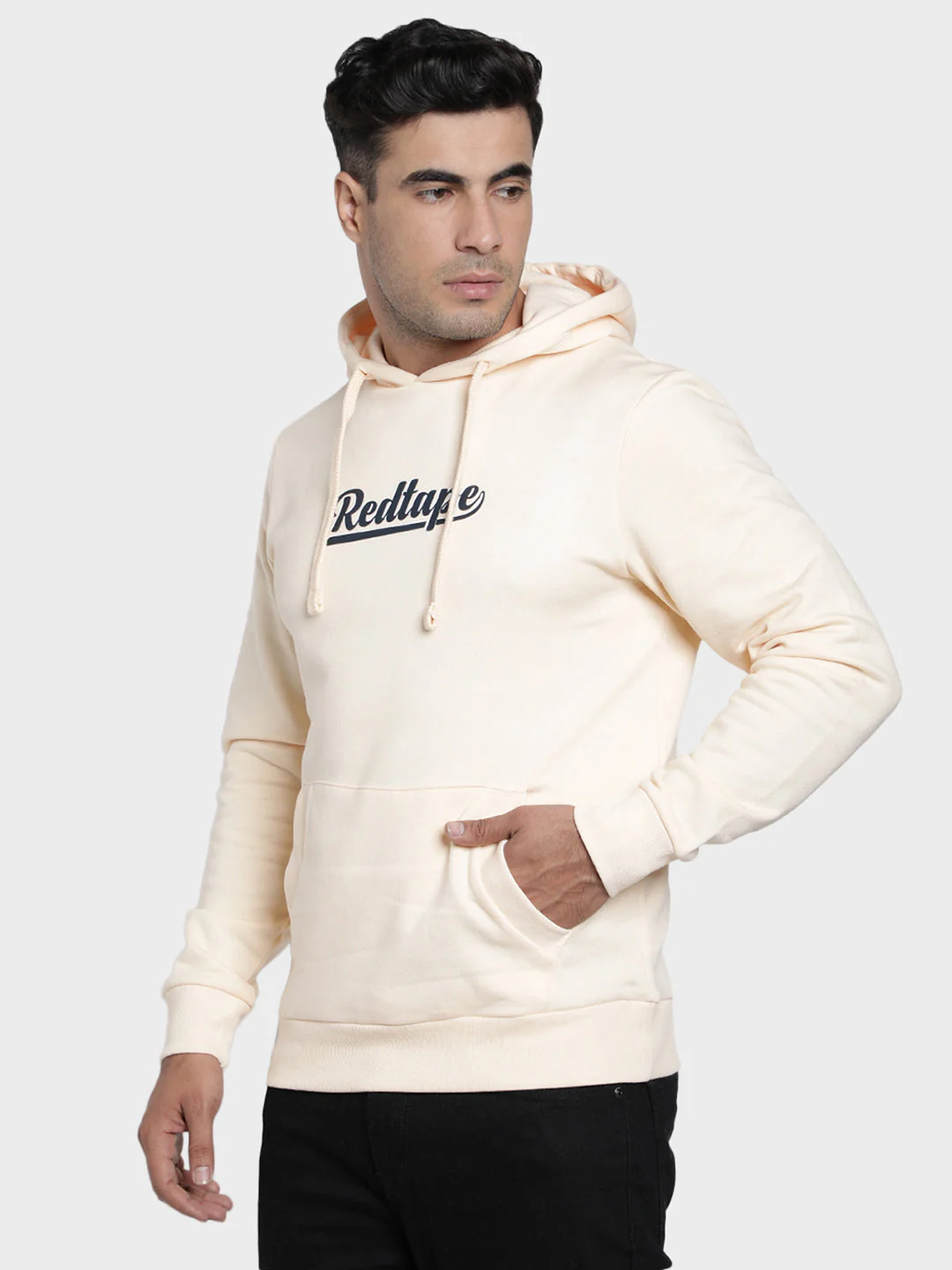 Men's Ecru Graphic Print Cotton Poly Fleece Hoodie - Image 2