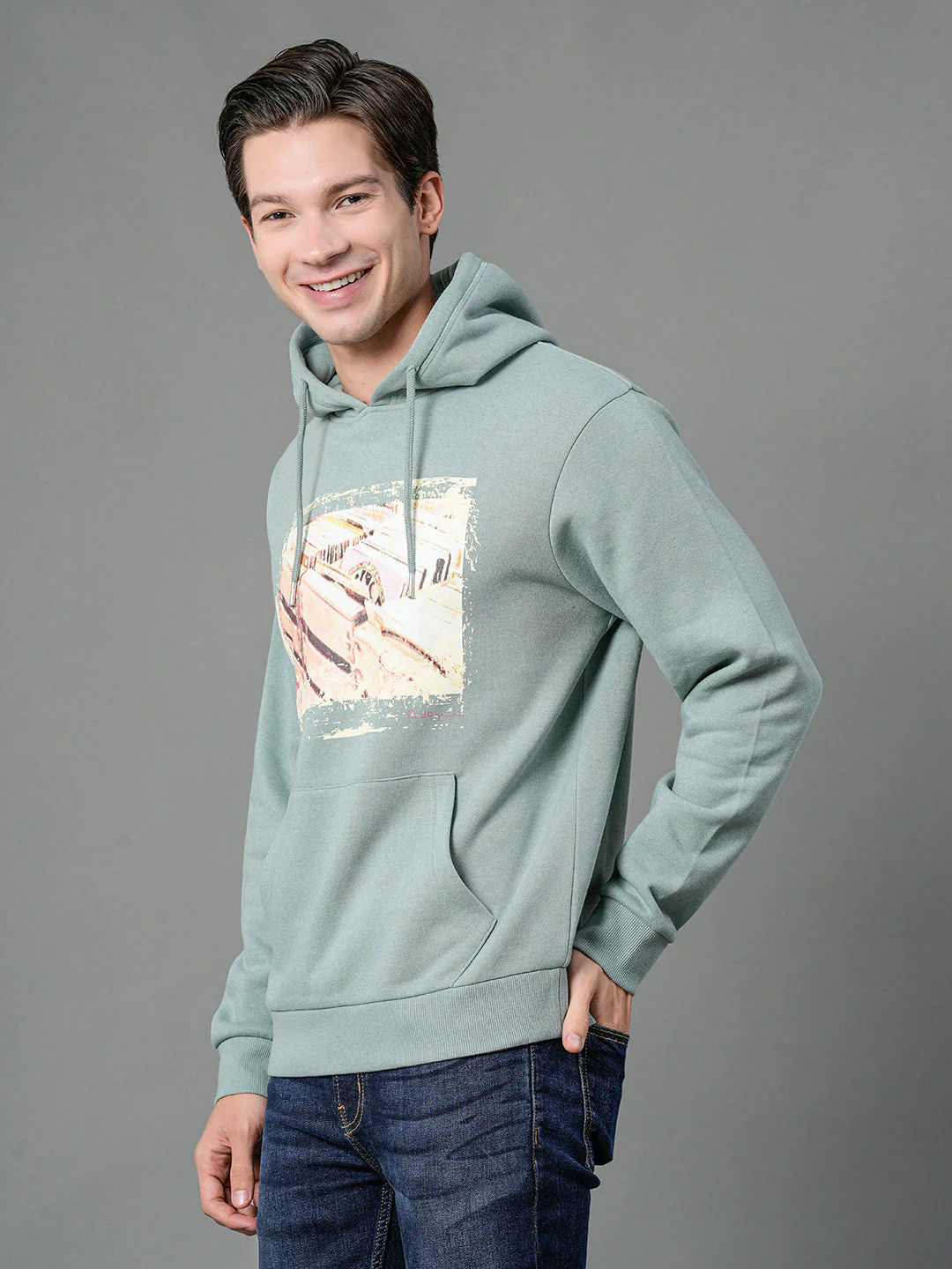 Men's Green Melange Graphic Print Hoodie - Image 2