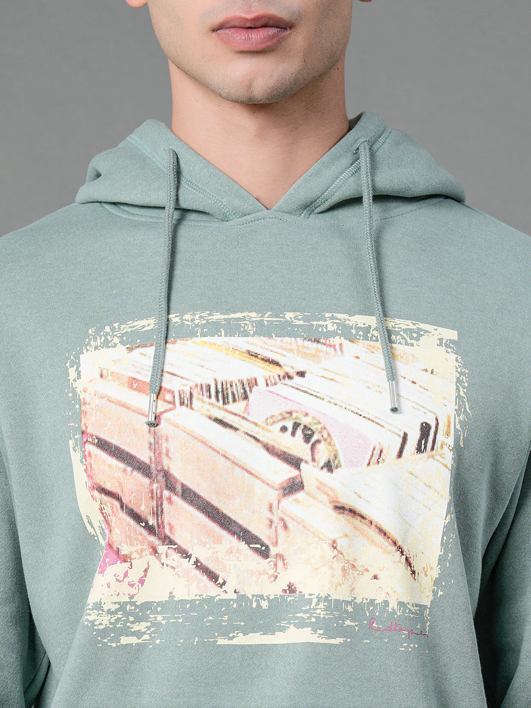 Men's Green Melange Graphic Print Hoodie - Image 4