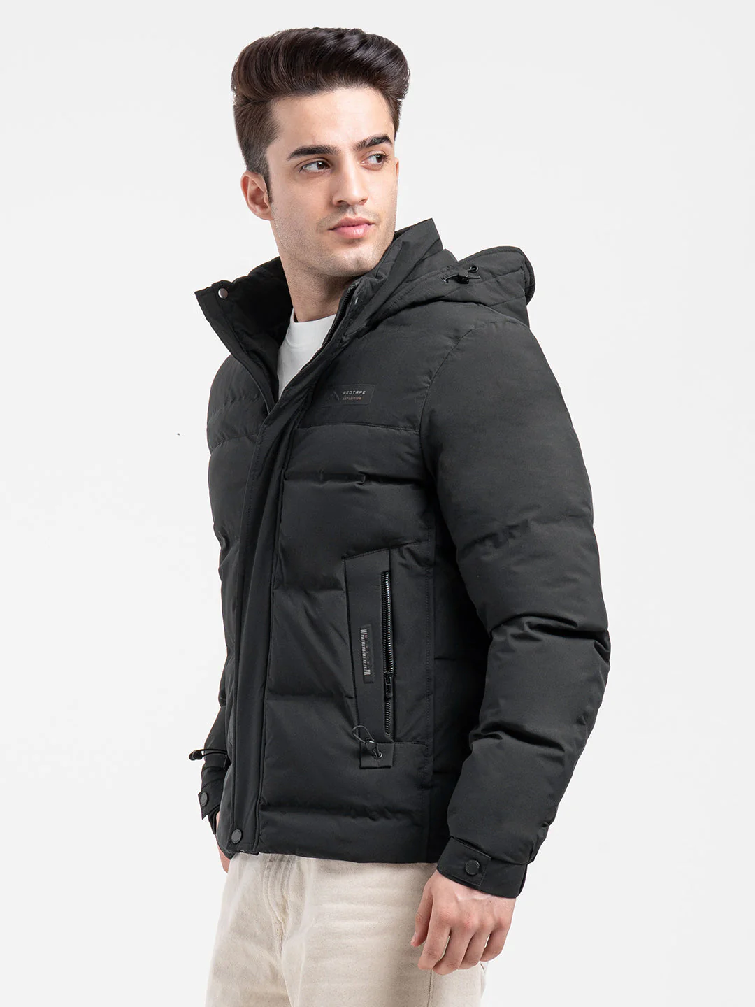 Mens Hooded Winter Black Jacket | White Utility Comfort - Image 3