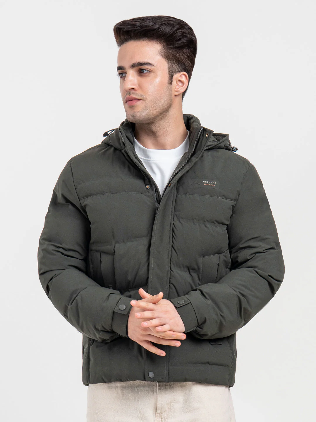 Men's Hooded Winter Olive Jacket | White Utility Comfort - Image 2