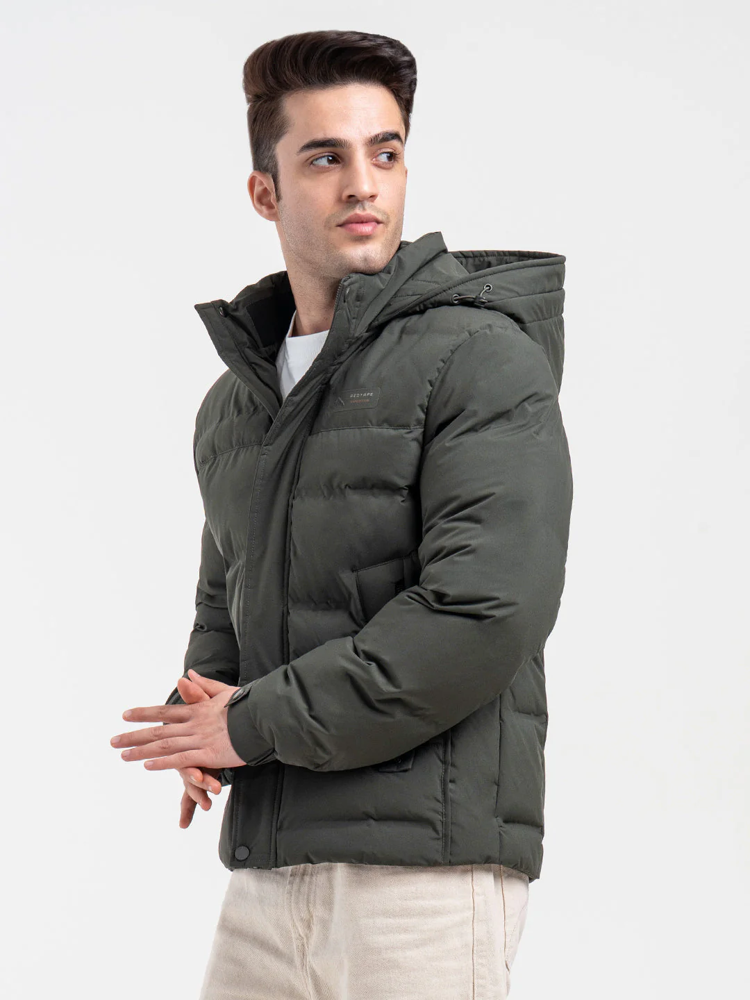 Men's Hooded Winter Olive Jacket | White Utility Comfort - Image 3