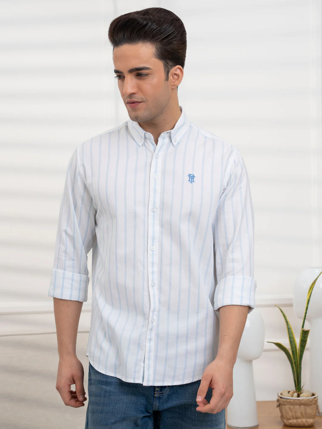 Men's Light Blue Striped Shirt for Smart Casual Style - Image 2