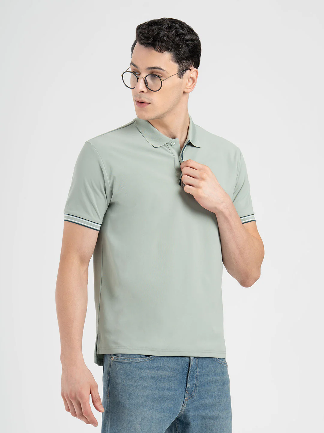Menâ€™s Light Green Jacquard Polo T-Shirt - Image 6