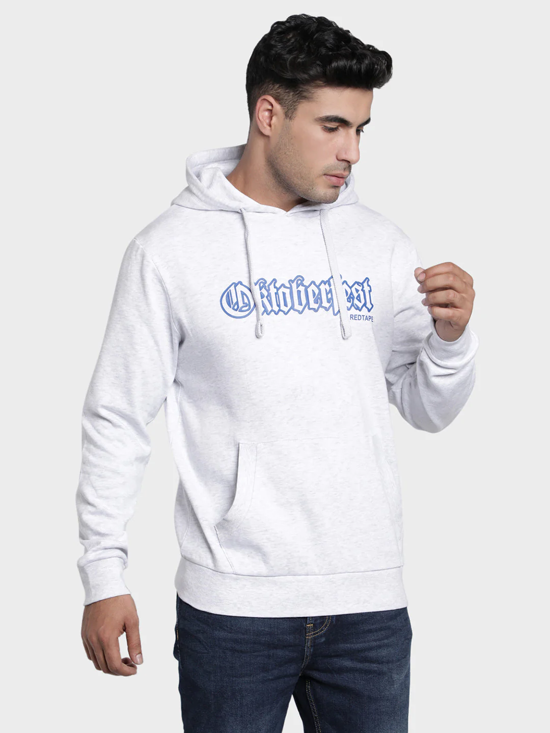 Men's Light Grey Melange Graphic Print Cotton Poly Viscose Hoodie - Image 2