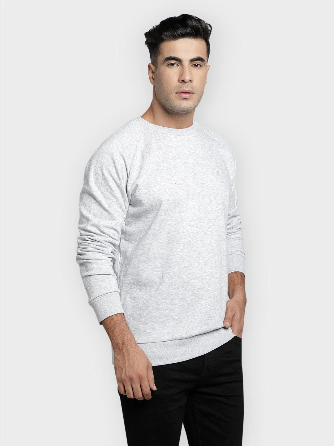 Men's Light Grey Melange Solid Cotton Poly Fleece Sweatshirt - Image 2