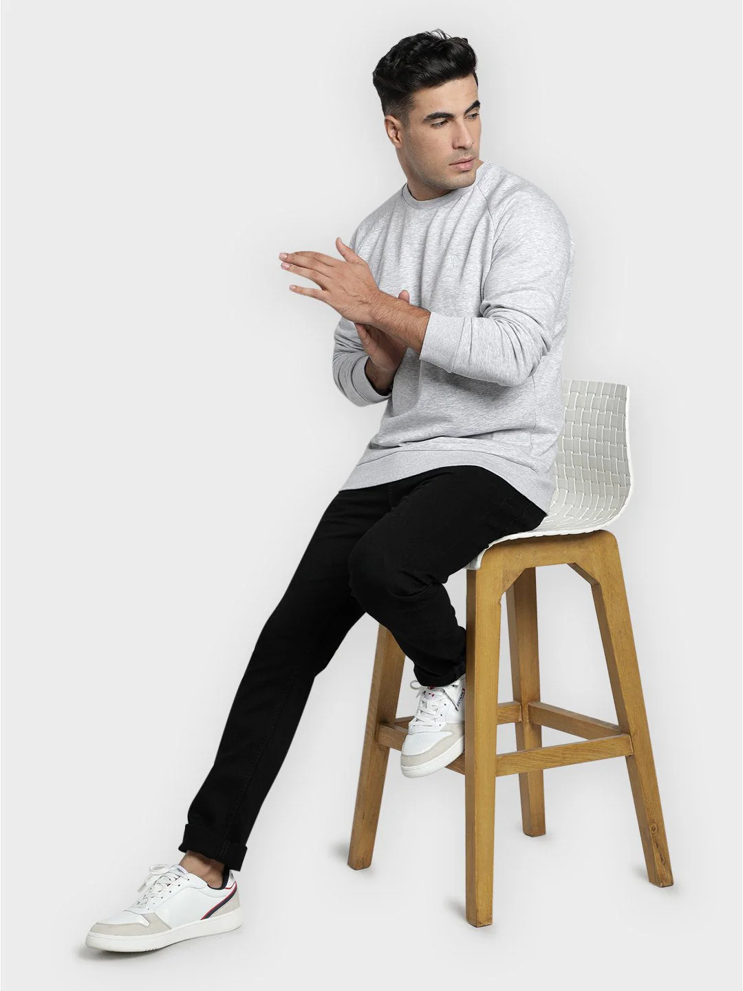 Men's Light Grey Melange Solid Cotton Poly Fleece Sweatshirt - Image 3