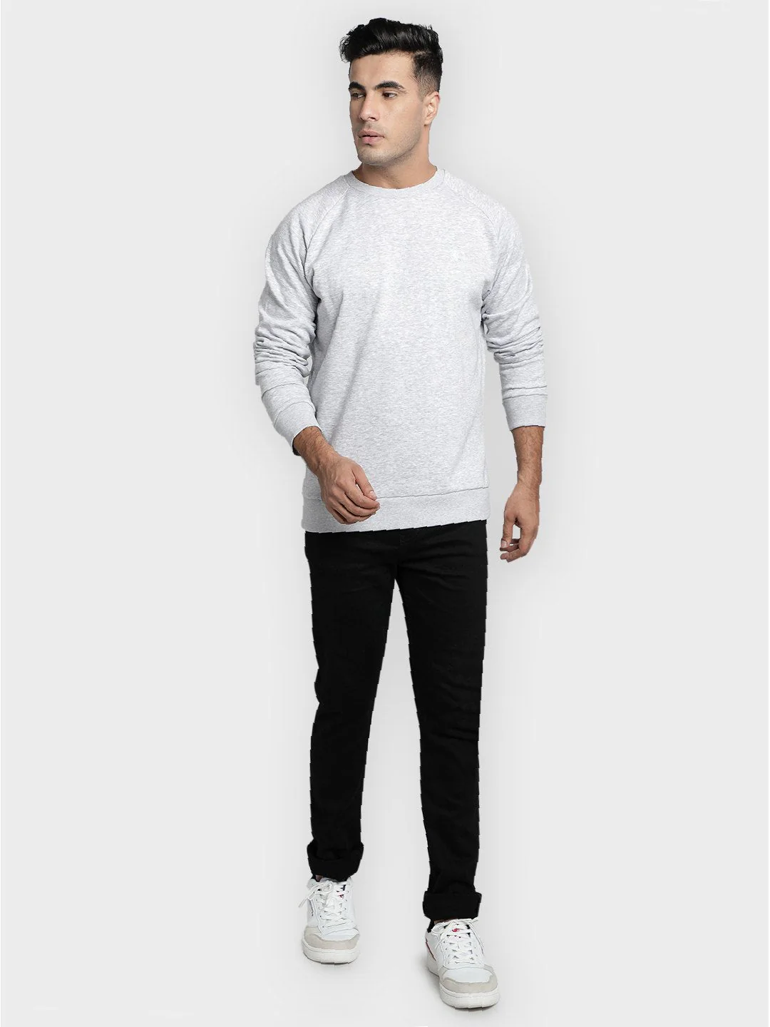 Men's Light Grey Melange Solid Cotton Poly Fleece Sweatshirt - Image 6