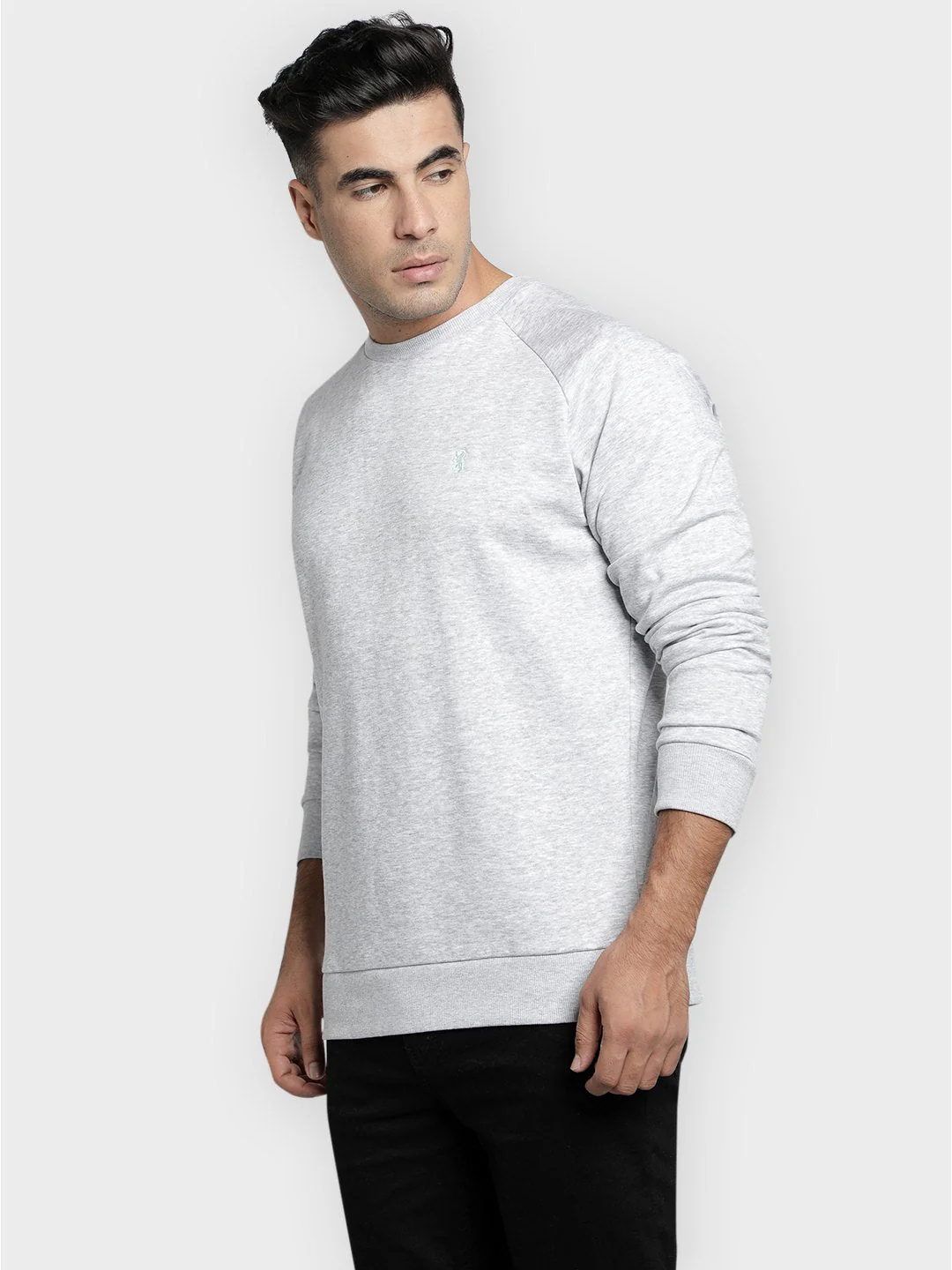 Men's Light Grey Melange Solid Cotton Poly Fleece Sweatshirt - Image 7