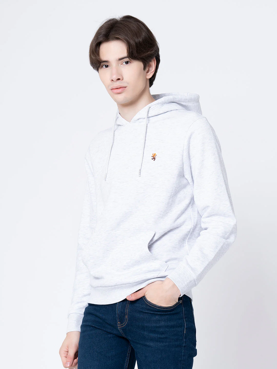 Men's Light Grey Melange Solid Hoodie - Image 2