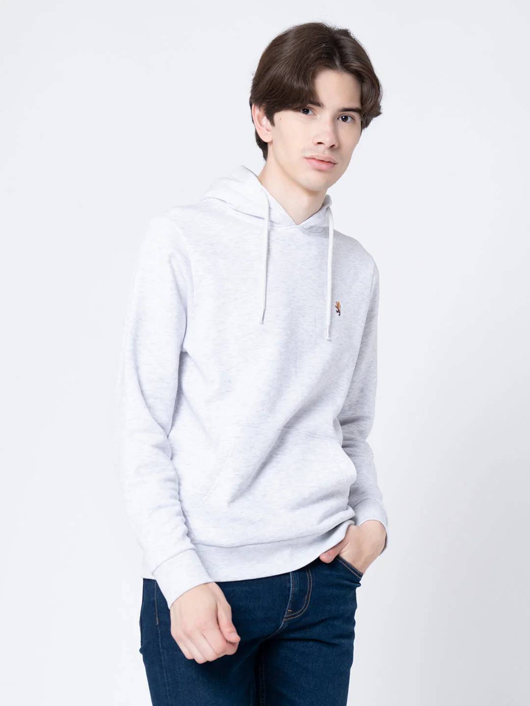 Men's Light Grey Melange Solid Hoodie - Image 6
