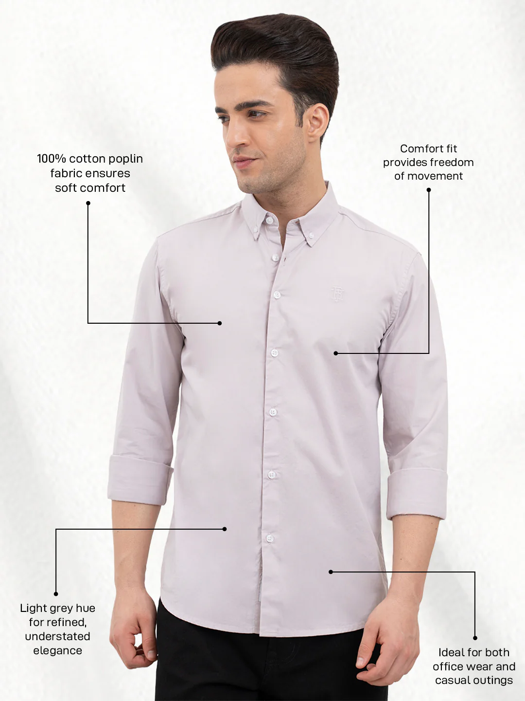 Menâ€™s Light Grey Poplin Shirt | Everyday Cotton Sophistication - Image 2