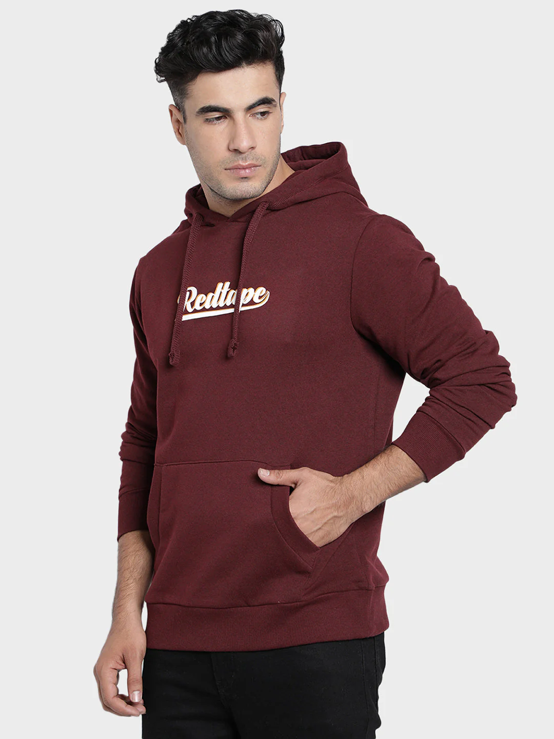 Men's Maroon Melange Graphic Print Cotton Poly Fleece Hoodie - Image 2