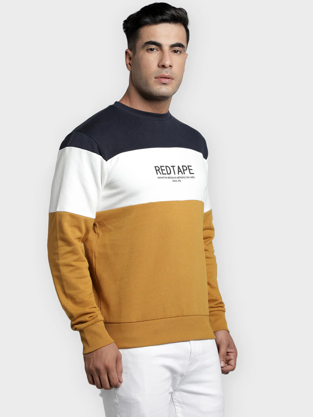 Men's Mustard Color Block Graphic Print Cotton Poly Fleece Sweatshirt - Image 2