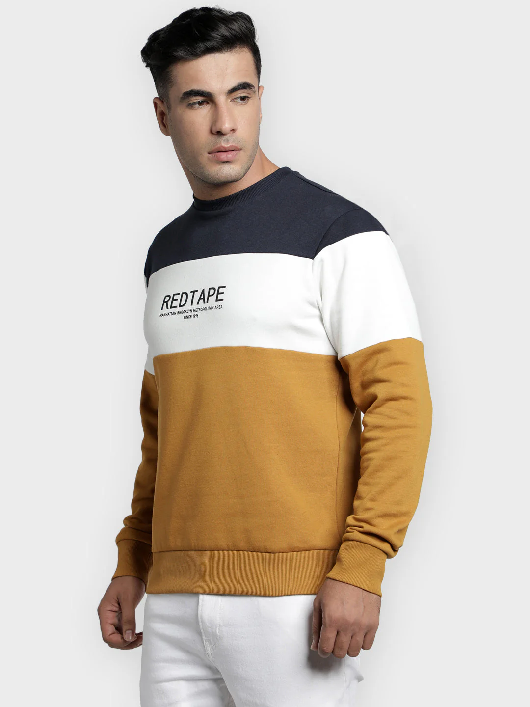 Men's Mustard Color Block Graphic Print Cotton Poly Fleece Sweatshirt - Image 3