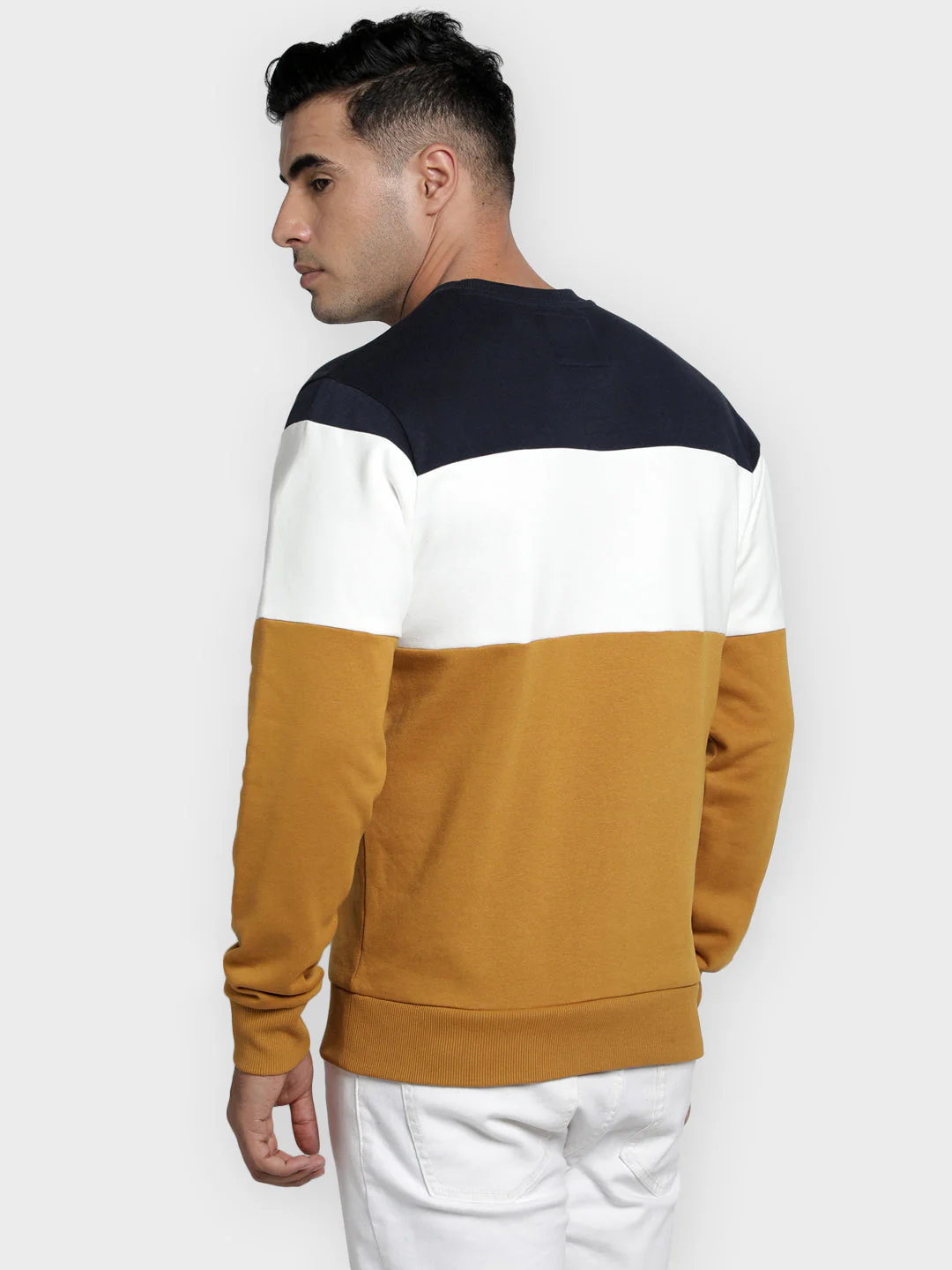 Men's Mustard Color Block Graphic Print Cotton Poly Fleece Sweatshirt - Image 5