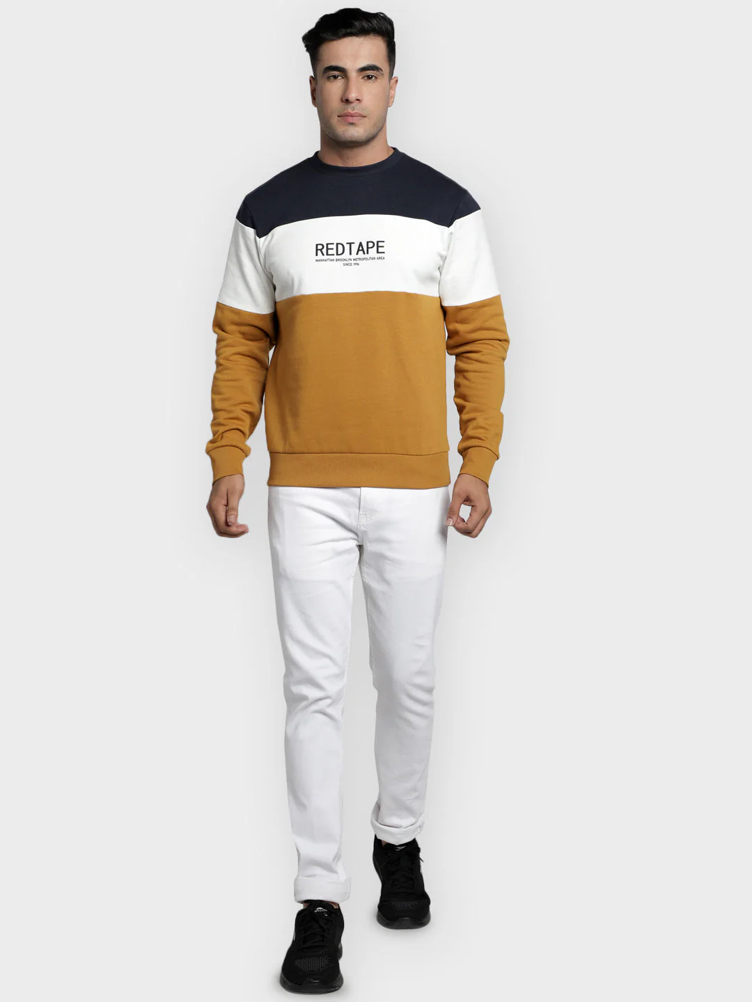 Men's Mustard Color Block Graphic Print Cotton Poly Fleece Sweatshirt - Image 6