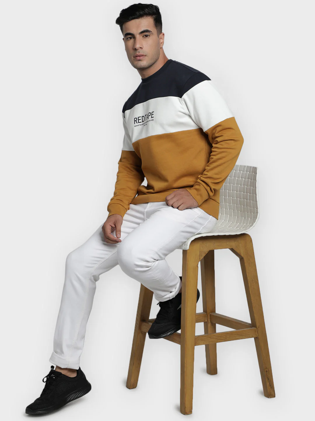 Men's Mustard Color Block Graphic Print Cotton Poly Fleece Sweatshirt - Image 7