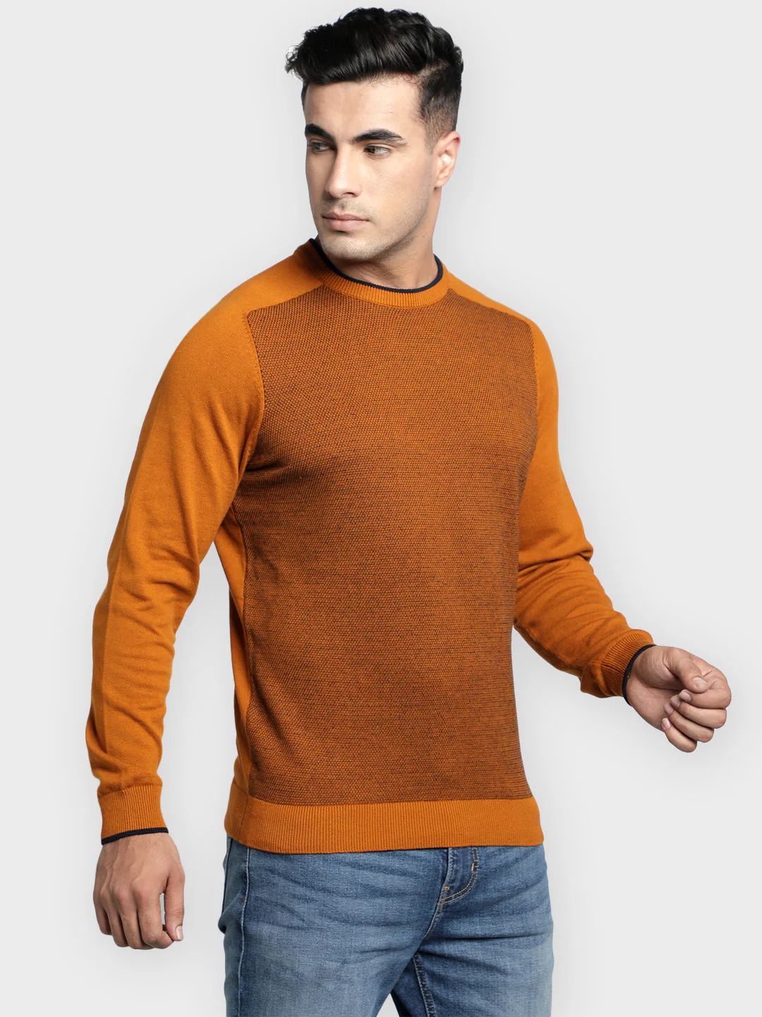 Men's Mustard Jacquard Pure Cotton Sweater - Image 2
