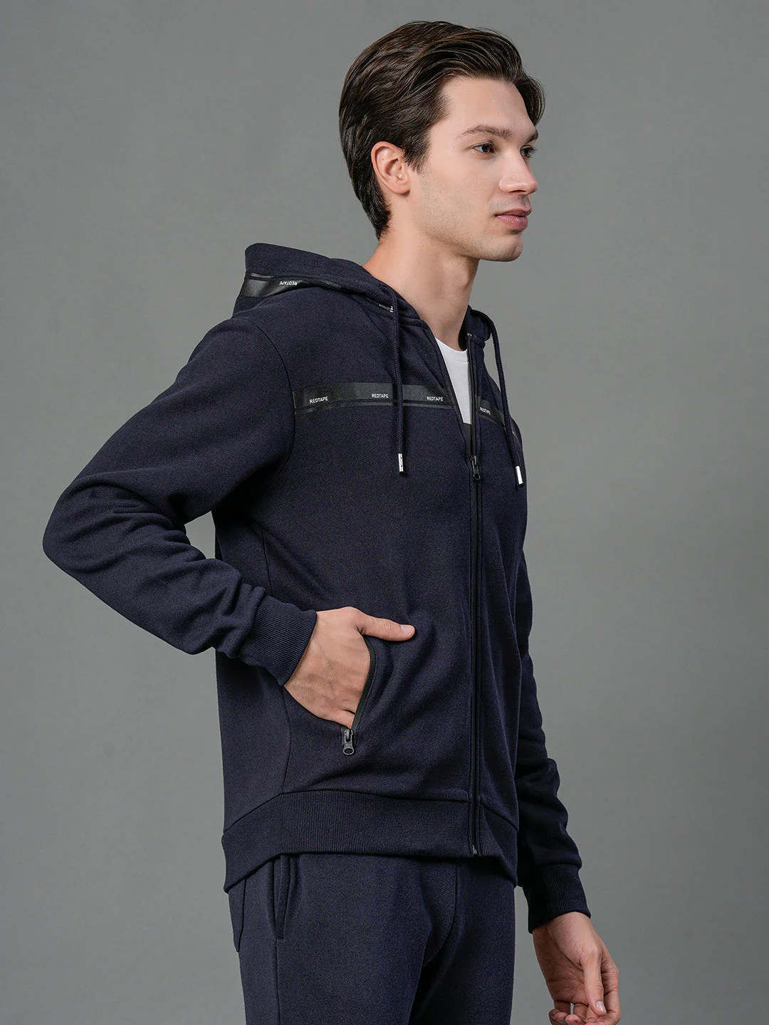 Men's Navy Blue Solid Hoodie - Image 2