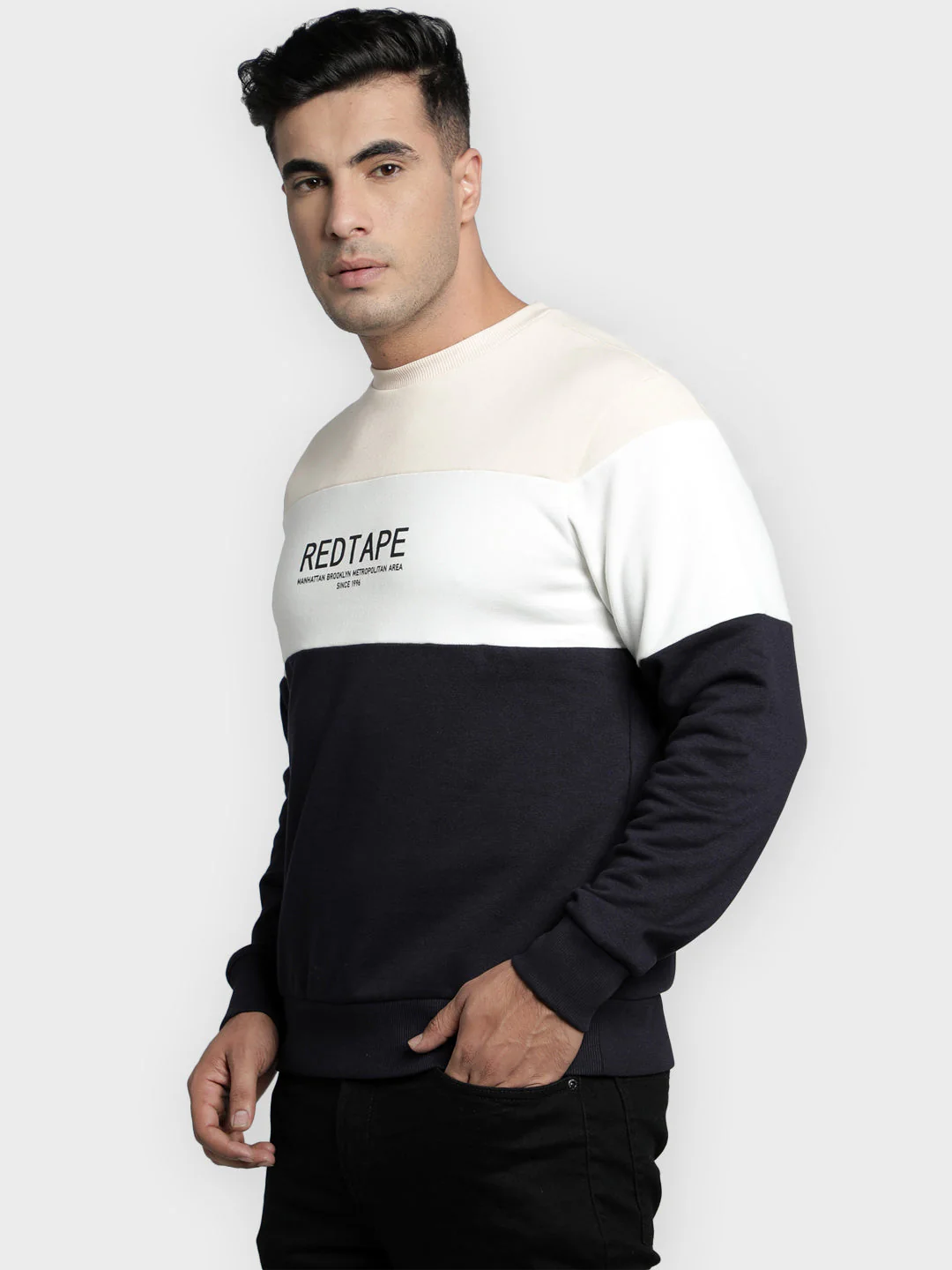 Men's Navy Color Block Graphic Print Cotton Poly Fleece Sweatshirt - Image 2